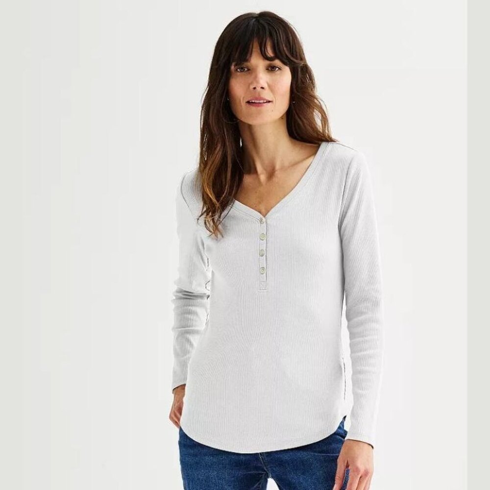Sonoma White Ribbed Long-Sleeve Henley Button-Front Top